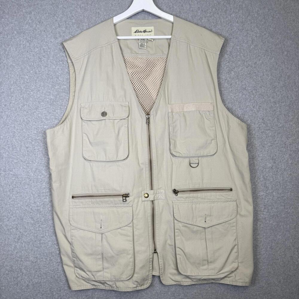 Vintage Eddie Bauer Mens Size XL Beige Full Zip Cotton Vest Multi Pocket Fishing
